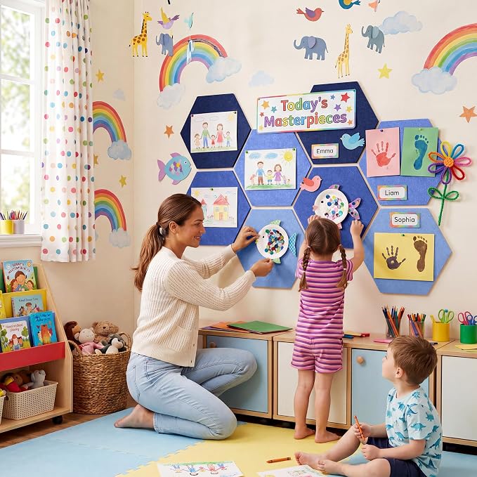 8-Pack Hexagon Felt Bulletin Board Tiles, Cork Board Alternative | For students and teachers creating vision boards in homes, offices, dorms or classrooms; includes 30 push pins.