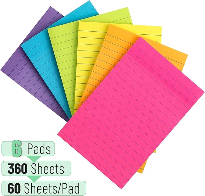 Mr. Pen- Lined Sticky Notes 4x6, 6 Pads, 60 Sheets/Pad, Assorted Colors, Sticky Notes with Lines, Sticky Note Pads, Colorful Sticky Notes, Mr Pen Sticky Notes, Stocky Notes for Bible Journaling