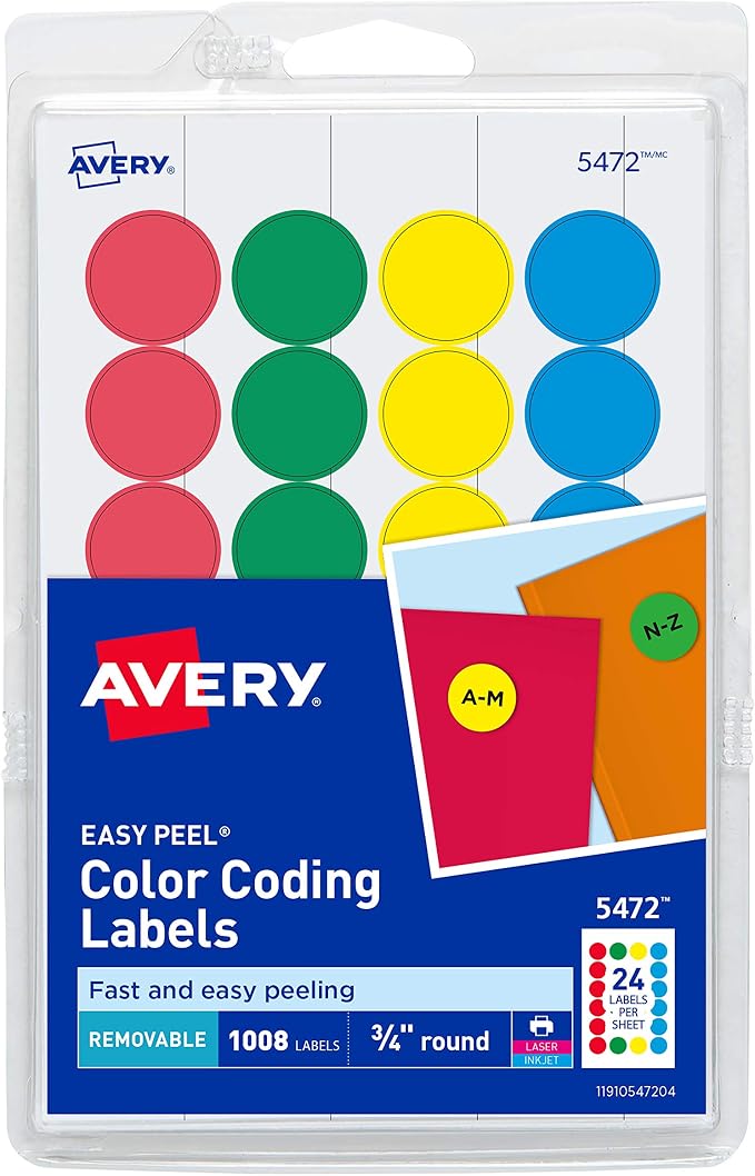 Avery® Removable Color-Coding Labels, Removable Adhesive, Assorted Colors, 3/4" Diameter, 1,008 Labels (5472)