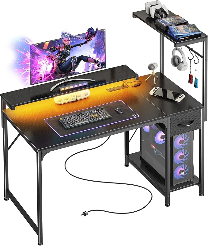 39.4 Inch Gaming Desk with LED Lights & Power Outlets | Small Computer Desk with Drawer & Storage Shelves, Office Writing Desk with Monitor Stand for Work from Home, Black