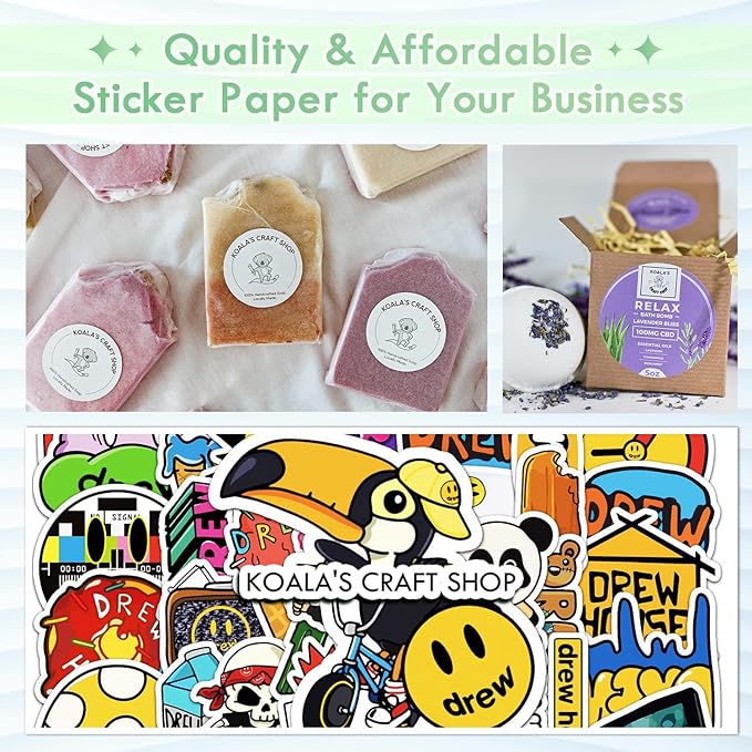 Koala Printable Vinyl Sticker Paper for Inkjet Printer - 50 Sheets Matte White Waterproof Sticker Printer Paper, 8.5x11 Inch, Work with Cutting Machine