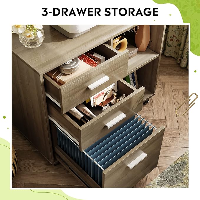 DEVAISE Wood File Cabinet, 3 Drawer Lateral Filing Cabinet, Gray Oak | Mobile Office Cabinet, Printer Stand, Open Storage Shelves, Letter & A4 Compatible, Home Office