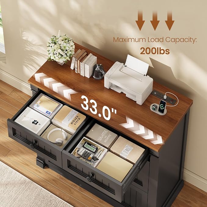 SEDETA 4 Drawers File Cabinet, 33" Farmhouse Filing Cabinets for Home Office fit Legal/Letter/A4 File, Wood Office File Cabinet with Power Outlets, Printer Stand with Storage, Black+Brown