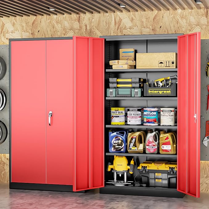 Metal Storage Cabinet with Doors, 72" Locking Steel Storage Cabinet with Shelves, Tall Metal Cabinet Lockable Steel Cabinets for Home Office, Garage,(Black+Red)
