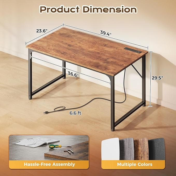 40 X 24 Inch Deeper Desk with Power Outlets | Small Computer Desk for Bedroom, Office Desk for Work from Home, Writing Study Gaming Table, Stable Metal Frame, Rustic Brown