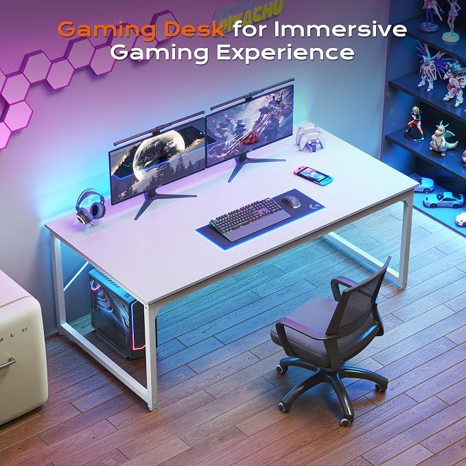 63 x 29.5 Inch Computer Desk with Deeper Desktop, Gaming Office Writing Work Desk for Home Office, Study, Bedroom, Work from Home, Metal Frame, White