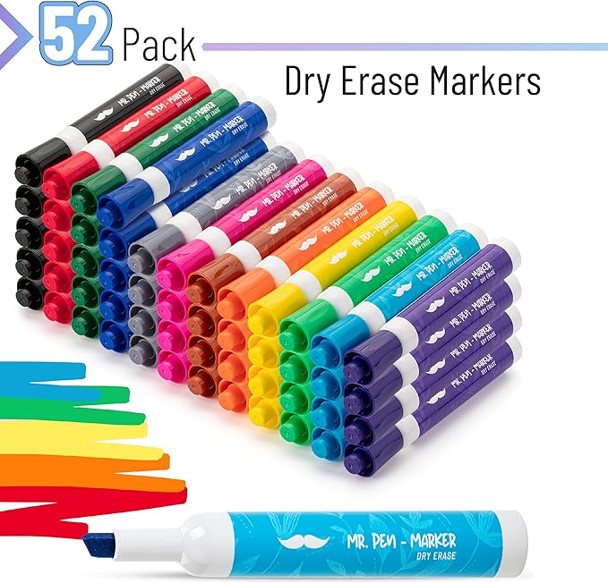 Mr. Pen- Dry Erase Markers, 52 Pack, Assorted Colors, Low Odor Ink, Chisel Tip, Bulk White Board Markers Dry Erase, Ideal for Classroom, Back to School Supplies, Teachers, Office, Whiteboard & Home
