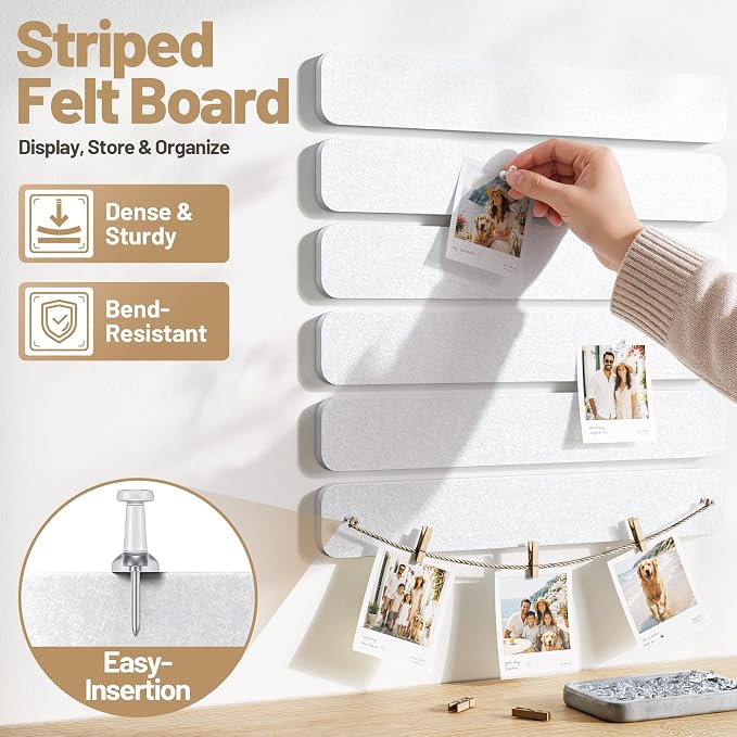 10 Pack 13"x2" Cork Board Strip with Removable Adhesive Squares & Push Pins | Pin Board Alternative Felt Strip Bulletin Board, Felt Board for Photo & Note Display, Home Office Decor - White