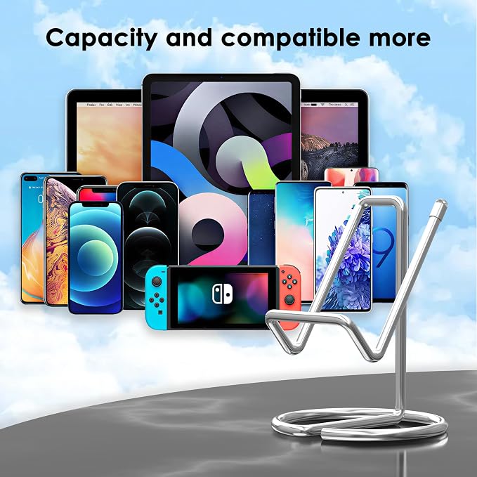 Metal Cell Phone Stand for Desk, Cute One-Piece Phone Holder, Stable Desktop Display Dock for iPhone, iPad, Samsung, Tablets & All Mobile Phones, Silver
