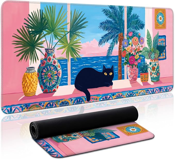 Aesthetic Desk Mat, Cute Quiet Cat Desk Pad Protector for Work & Decor, 35.4" x 15.7", Pretty Non-Slip Extended Mouse Pad for Office or Home