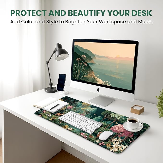 Aesthetic Desk Mat, Cute Enchanted Forest Desk Pad Protector for Work & Decor, 35.4" x 15.7", Pretty Non-Slip Extended Mouse Pad for Office or Home