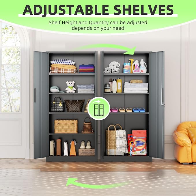 Metal Storage Cabinet, 72" Locking Steel Cabinets with 2 Door and 4 Adjustable Shelves, Tall Metal Cabinet for Home Office, Garage, Warehouse,(Black+Grey)