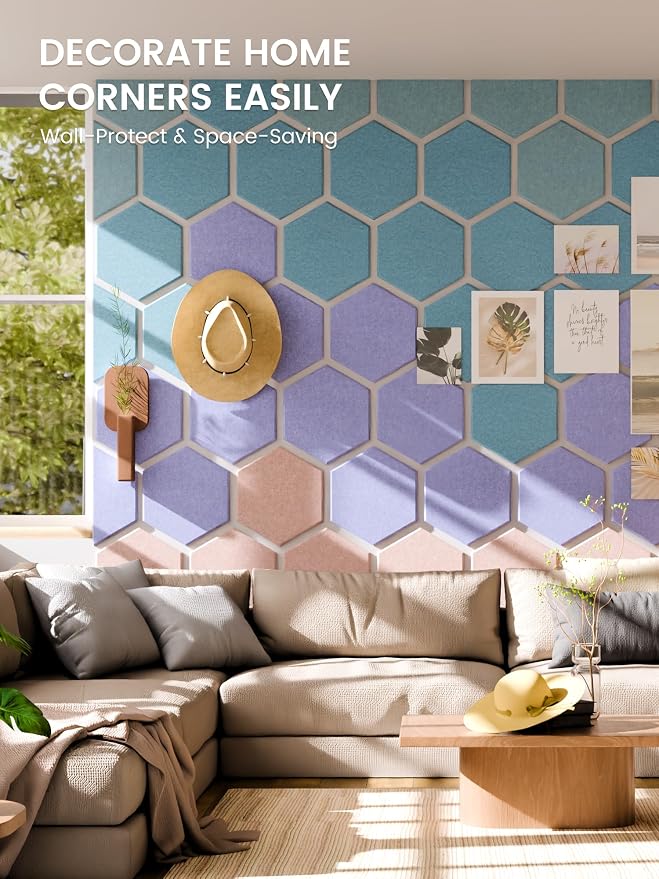 Fluxynara 12-Pack Hexagon Felt Bulletin Board Tiles, Coastal Haze | Cork Board Alternative with 60 Adhesive Tabs for Notes, Photos and Reminders in Home Offices, Dorm and Classrooms