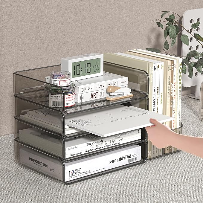 4-Tier Horizontal Acrylic Paper Tray Organizer with Booends | Clear Stackable Desk Organizer for Documents, Letters, A4 Paper | Modern Office/Classroom/Home Organization,Brown