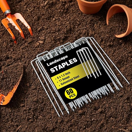 HongWay 60 Pack Landscape Staples 6 Inch, Galvanized Garden Stakes 11 Gauge | Heavy Duty U-shaped Sod Pins Garden Staples for Ground Cover, Landscaping Fabric, Tent, Yard, Lawn, Turf, Irrigation Hose