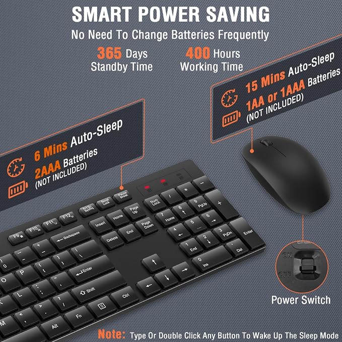 Wireless Keyboard and Mouse Combo, EDJO Silent Full Size Cordless USB Keyboard Mouse, 2.4GHz Lag-Free, Long Battery Life, for Computer, Laptop, PC, Chromebook, Windows (Black, 8 Pack)