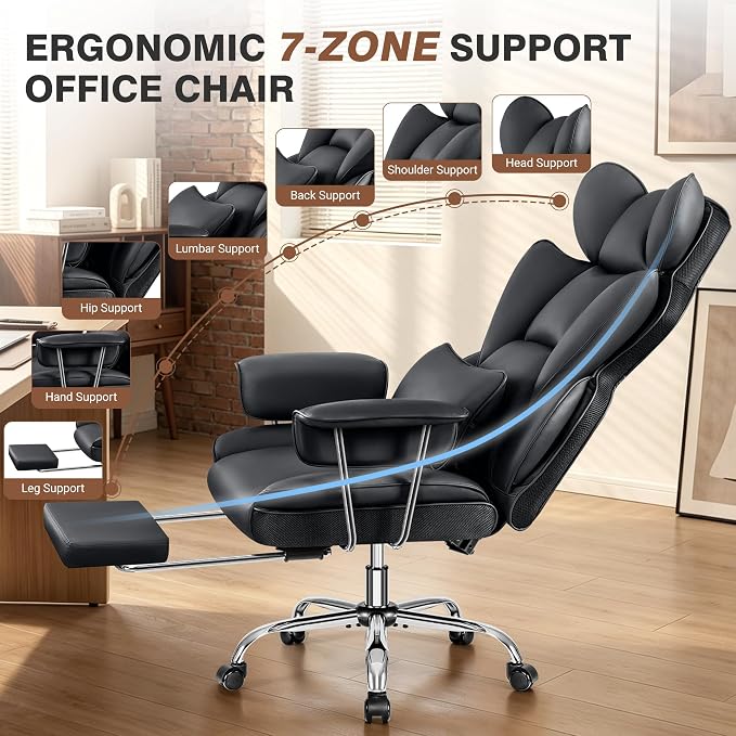 ALLGOD Big and Tall Office Chair 400LBS, Executive Ergonomic Leather Chair with Footrest, Wide Seat Gaming Office Chair with Pocket Spring Cushion, Reclining High Back Computer Desk Chair, Black