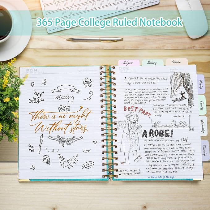 Spiral Notebook, 365 Page Hardcover Leather Notebook Journal, Large B5 Lined Journal for Women Men, College Ruled Notebooks for Work School, Journals for Writing, 24pcs Index Tabs, 8" x 10", Teal