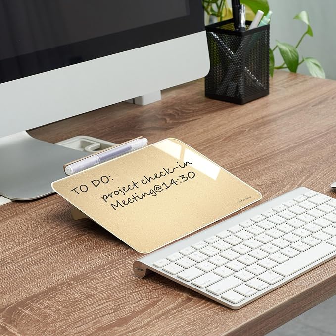 Small Desktop Whiteboard - Glass Dry Erase Board 8 X 6 Inches Tabletop Easel Whiteboard with Stand, Desk Board Buddy for Artist, Teacher and Student - Golden