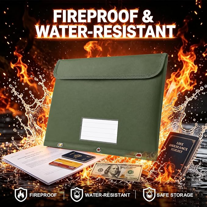 Fireproof 3 Ring Binder Pocket,Document Bag Side Loading, 2 Pack | Water Resistant,Heat Insulated,Binder Folders Organizer,Safe Storage for Home Office Travel,Letter Size, Green