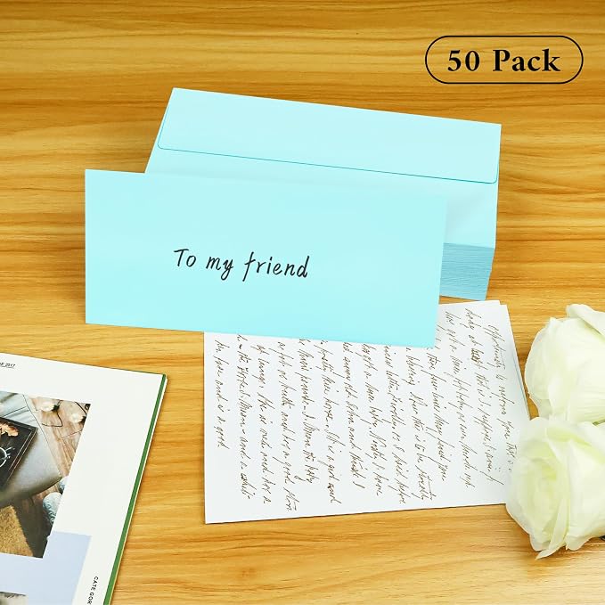 50 Pack #10 Business Envelopes, Light Blue Standard Envelopes Self Seal, Letter Size Business Mailing Envelopes for Checks Letters Invoices Statements Birthday Graduation Wedding, 4 1/8 x 9 1/2 Inch