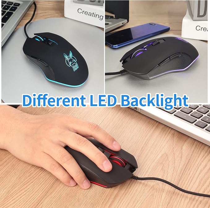 IULONEE USB Type C Wired Mouse 2400 DPI Gaming Mice for Office Home Black | Wired Mouse Ergonomic 7 Backlight 6 Buttons Silent Compatible with Windows PC, Laptop, Computer and More USB Type C Devices