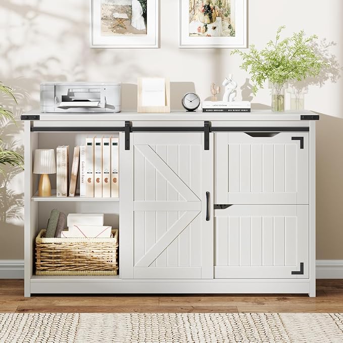 Halitaa 47.8” Farmhouse File Cabinet with Sliding Barn Door, Cream White | Lateral Filing Storage Cabinets with Adjustable Shelf, 3 Drawers,Office Printer Stand for Hanging Files Letter/Legal/A4/F4
