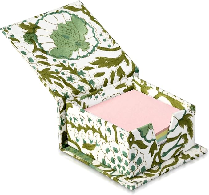 CPC Agate Green Block Print Cotton Desk Organizer Sticky Note Holder | Cute, Aesthetic, Decor Accessories, Workspace Organizers, Caddy Storage, Gift for Office, Professionals, Student