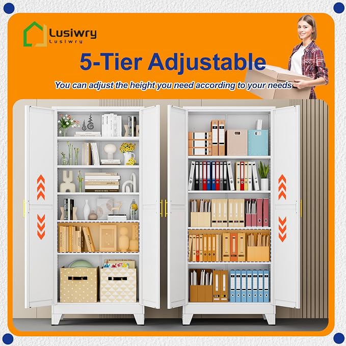 Metal Storage Cabinet with 2 Doors and 5 Adjustable Shelves - 74.8" Steel File Cabinet,Tool Cabinets for Office,Home,Garage,Gym,School (White)