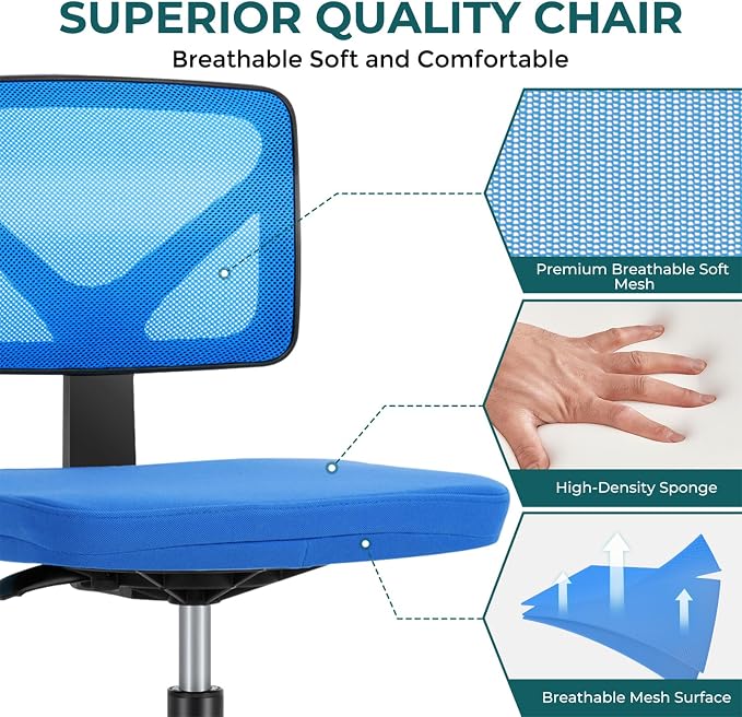DUMOS Armless Desk Chairs, Small Home Office Mesh Chairs | Ergonomic Adjustable Mid Back, Swivel Rolling Task, Computer Work Vanity Small Spaces, Blue