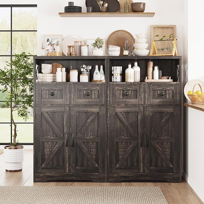 Farmhouse Accent Storage Cabinet with Drawers, Small Kitchen Pantry Cabinet | Coffee Bar Cabinet Cupboard, 2 Storage Drawers, 2 Barn Doors & Adjustable Shelves, for Kitchen/Entryway/Living Room/Bathroom