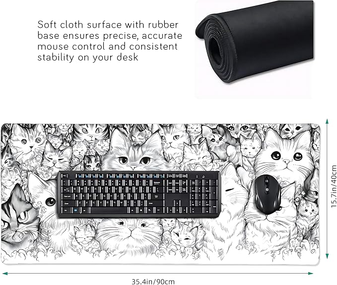 Anime White Cat Gaming Mouse Pad, Black White Sketch Desk Mat with Anti-Slip Base & Stitched Edges,35.4" x 15.7" in Desk Accessories for Women, Home Office Decor & Artistic Gift