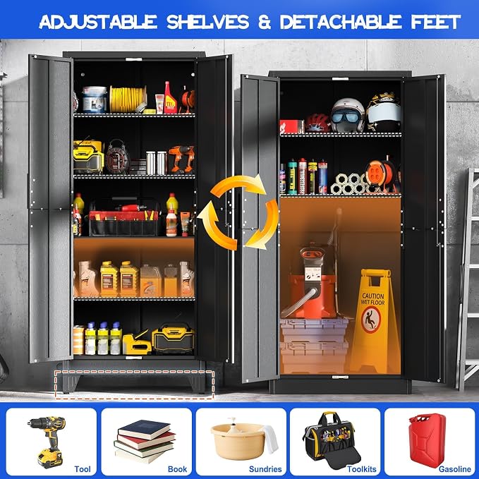 GAIOUS 71" Tall Metal Pantry Storage Cabinet with Lock, File Cabinet Black | 2 Doors Freestanding Steel Bookcase with Adjustable Shelves, Heavy Duty Lockable Office Cabinet, Garage Utility Organizer