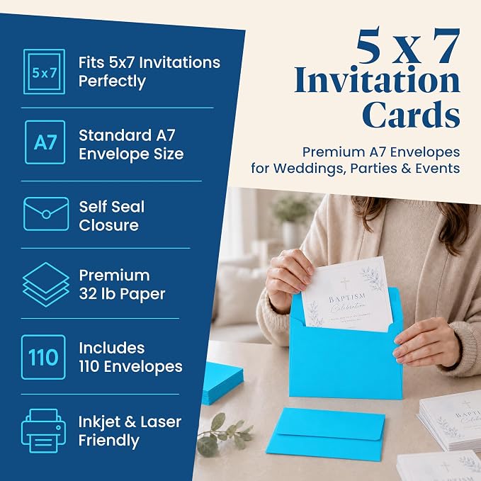 110 5x7 Deep Sky Blue Invitation Envelopes - for 5x7 Cards - A7 - (5 ¼ x 7 ¼ inches) - Perfect for Weddings, Graduation, Baby Shower - 120 GSM - Peel, Press & Self Seal - Square Flap