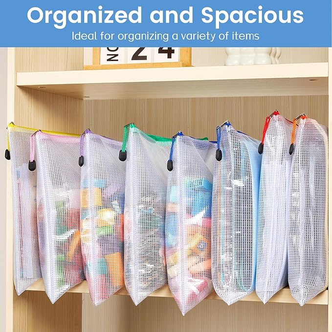 Sooez 24 Pack Mesh Zipper Pouch with Sticky Labels, A4 Mesh Bags, Toy Storage Board Game Puzzles Organization, Sturdy Letter Size File Folders Organizer Teacher School Classroom Office Supplies, Black