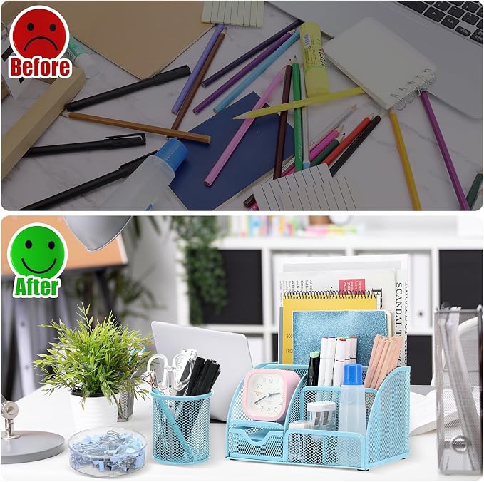13-in-1 Office Desk Organizer Set for Back to School Supplies Accessories | Organizer Set with Stapler and Tape Dispenser, Pen Holder, Scissors, Ruler, Hole Punch, 2 Pens & More Desk Supplies