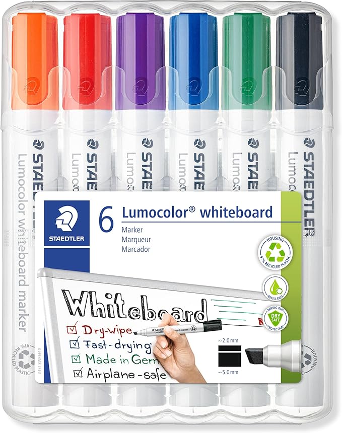 STAEDTLER 351 B WP6 Lumocolor Whiteboard Marker Chisel Tip - Assorted Colours (Pack of 6)