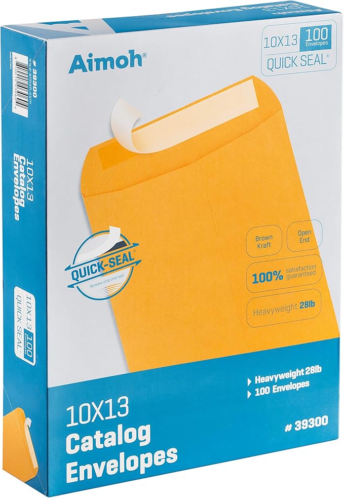 Aimoh 10 x 13 Self-Seal Brown Kraft Catalog Envelopes - 28lb, 300 Count, Ultra Strong Quick-Seal, 10x13 inch - (39300-CS)