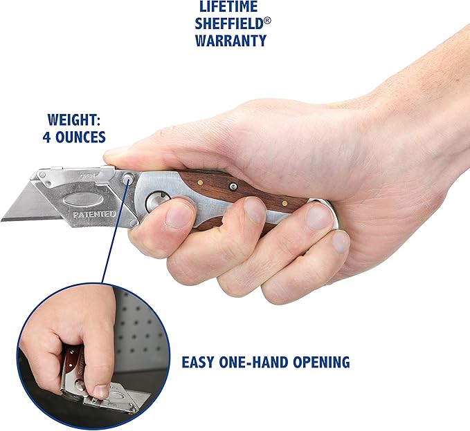 Sheffield 12115 Folding Utility Knife, Stocking Stuffers, Gifts for Men, Dad Gifts, Quick-Change Utility Knife Blades, Lightweight Hardwood Handle, Box Cutter, Cardboard Cutter