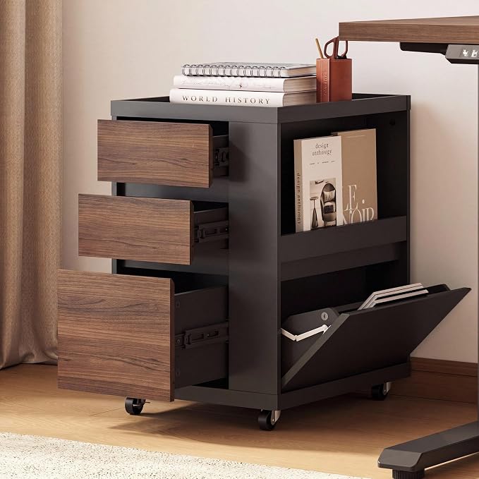 Mobile File Cabinet Under Desk with 3 Drawer, Office Storage Cabinet | Rolling Wood Printer Stand w/ Unique Side Shelf for Binders, Large Capacity Organizer for Home Office