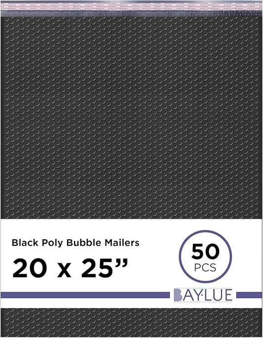 Black Poly Bubble Mailers 20.x25 Inch #10 | Self Seal Large Padded Envelopes | Air Cushioned Bubble Mailer | Usable Size 20x24 Inch | Waterproof Lightweight Mailing Shipping Bags | 50 Pack