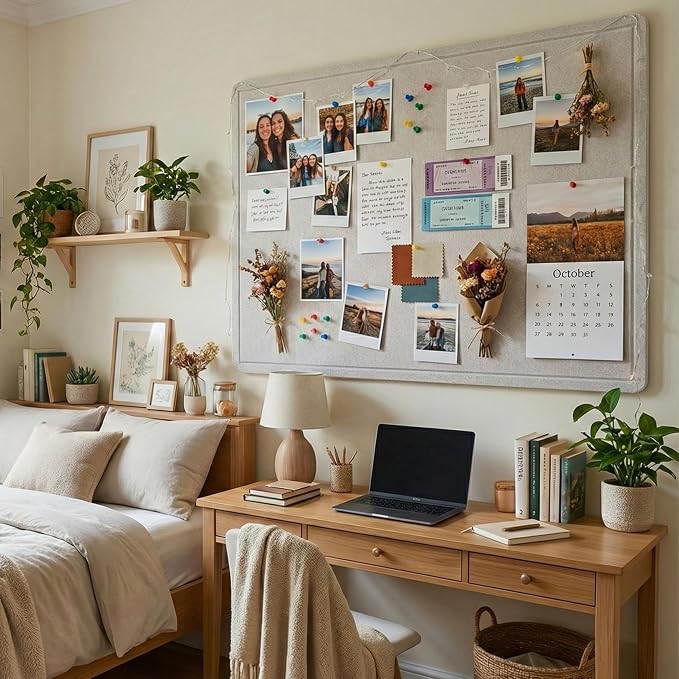 AKTOP Foldable Felt Bulletin Board for Wall, 60x36 inches, Latte | Large Cork Board Alternative with 25 Pushpins, Decorative Photo Display Board Pin Board 5x3, For Home, Office & School