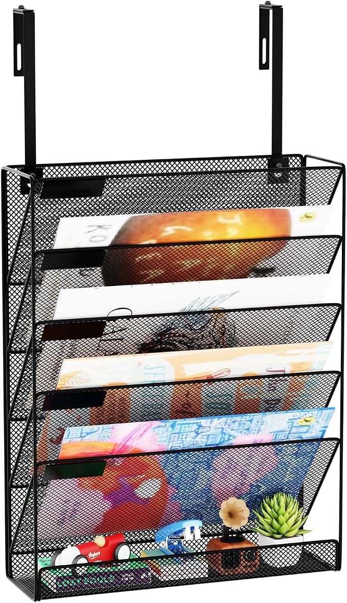 6-Tier Hanging File Organizer Office Cubicle Accessories for Work Organizer Wall Mount File Holder for Mails Folders Papers Magazine Organization, Black