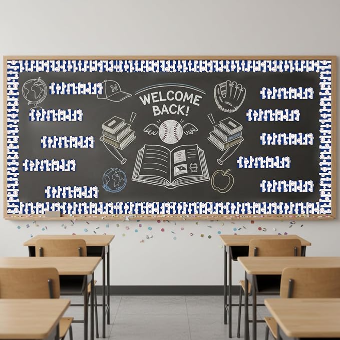 BeYumi Baseball Sport Border Trim - 65ft Back to School Baseball Sport Blue White Stripe Scalloped Rolled Border Trim Ball Sports Theme Bulletin Board Set Party School Classroom Chalkboard Wall Decor