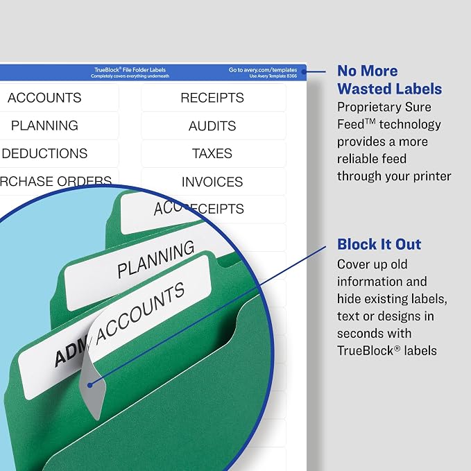 Avery File Folder Labels with TrueBlock Technology, Permanent Adhesive, 2/3" x 3-7/16", Laser/Inkjet, 150 Labels (08593)