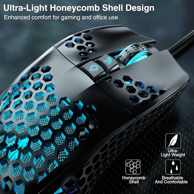 SOLAKAKA SM900 Gaming Mouse Wired with RGB,Honeycomb Shell,12800 DPI Wired Gaming Mouse with Buttons,Computer Mouse for Laptop/PC,Black