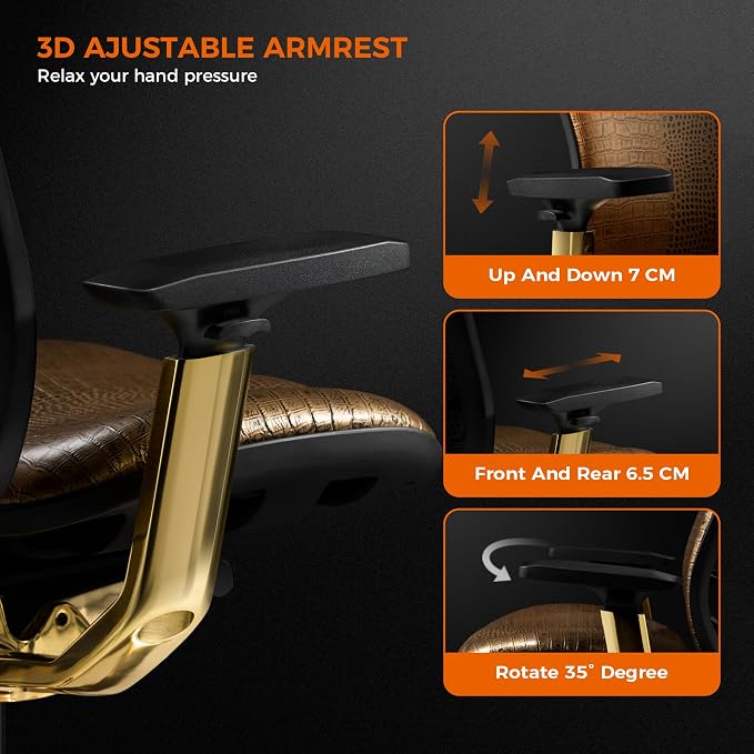 TOMU Genuine Leather Office Chair Cowhide, Ergonomic Executive Office Chair for Boss, with Golden Base,Adjustable armrest, Headrest, Lumbar Support and Reclining Back- Luxury and Commercial