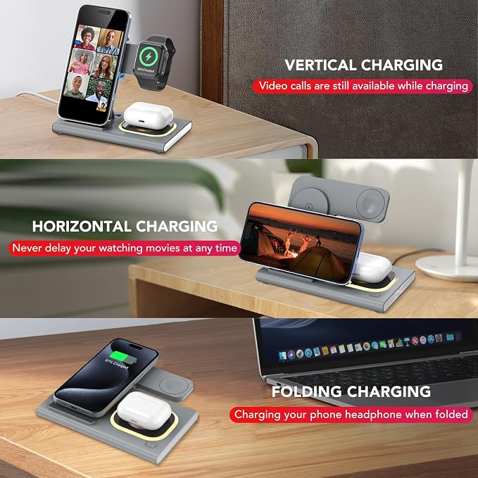 3 in 1 Foldable Wireless Fast Charging Station for Apple Multiple Devices | iPhone Charging Station for iPhone 17, Travel iWatch Charger Stand, Light Nightstand Charging Dock for Apple Watch/Airpods