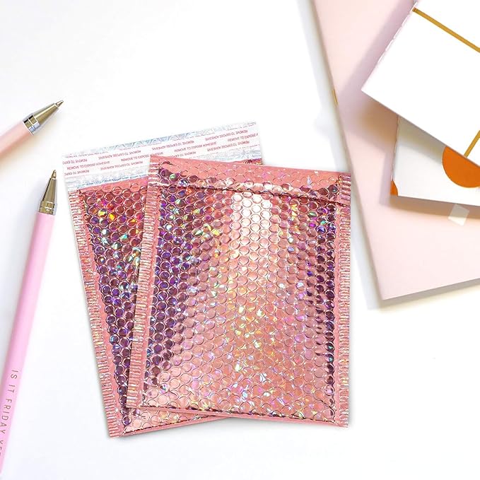 30 Pieces Holographic Bubble Mailers Padded Mailer Holographic Bubble Mailers Padded Envelopes Self Sealing Cushion Envelopes for Mailing, Shipping and Packing(Rose Gold, 11 x 7 Inch)