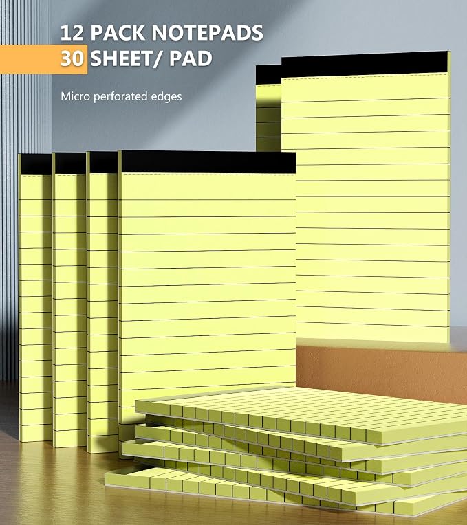 12 Pack Notepads 3x5, Perforated Yellow Lined Paper Memo Pads, 30 Sheets | Small Thick Paper, Ink Bleed Resistant, Smooth Writing Durable Cardboard Back, Easy Tear-Off,Perforated Pages, Compact Size